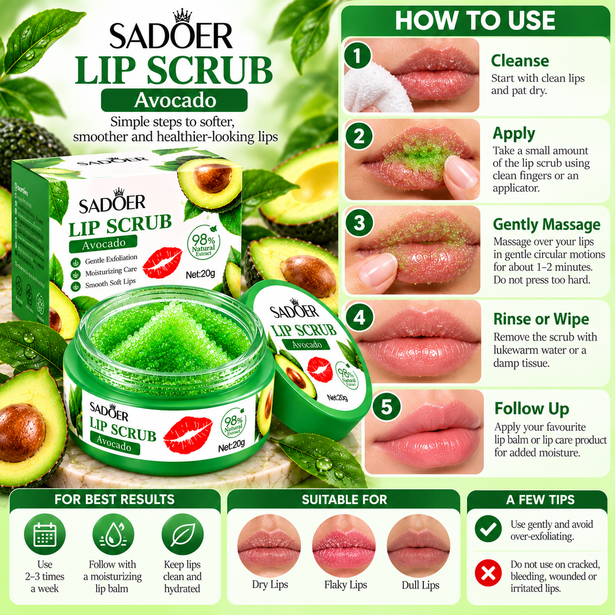 SADOER Avocado Lip Scrub 20g – Gentle Lip Exfoliator, Nourishing Moisturizing Lip Care for Soft, Smooth Lips