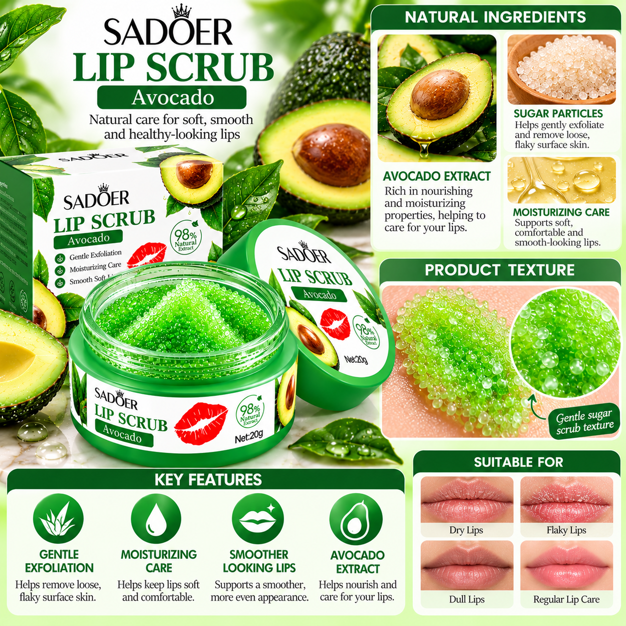 SADOER Avocado Lip Scrub 20g – Gentle Lip Exfoliator, Nourishing Moisturizing Lip Care for Soft, Smooth Lips