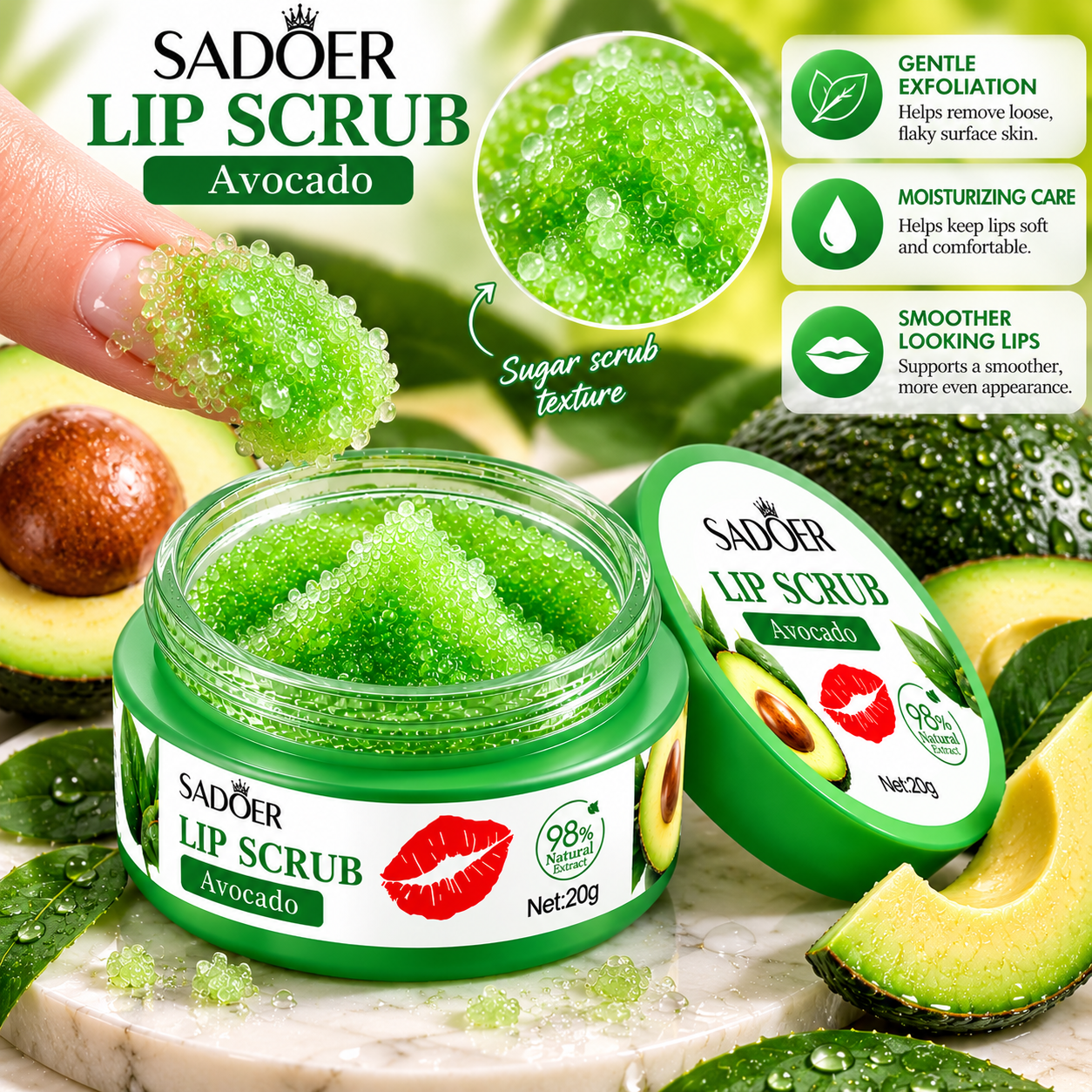 SADOER Avocado Lip Scrub 20g – Gentle Lip Exfoliator, Nourishing Moisturizing Lip Care for Soft, Smooth Lips