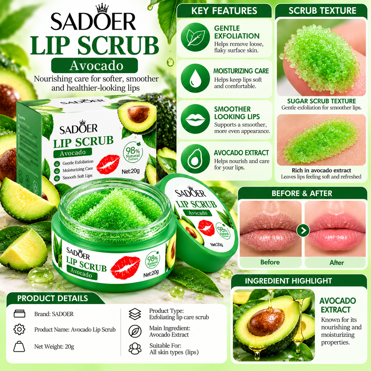 SADOER Avocado Lip Scrub 20g – Gentle Lip Exfoliator, Nourishing Moisturizing Lip Care for Soft, Smooth Lips