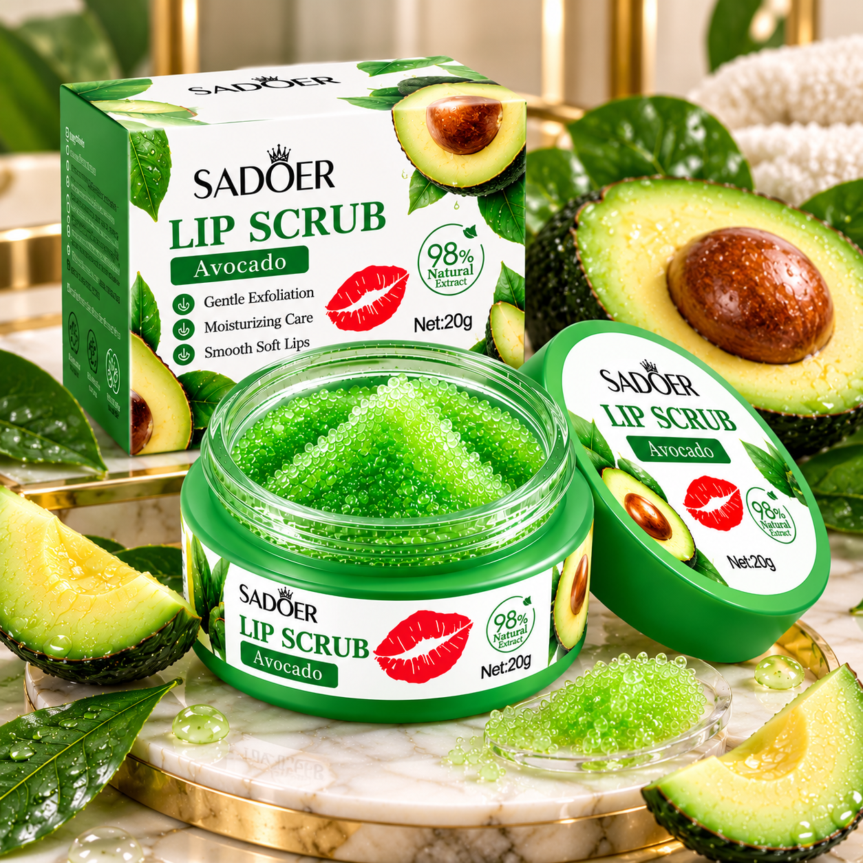 SADOER Avocado Lip Scrub 20g – Gentle Lip Exfoliator, Nourishing Moisturizing Lip Care for Soft, Smooth Lips
