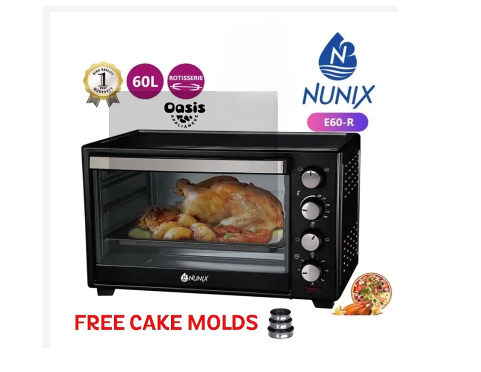 Nunix E60-R 60L Litres Electric Rotisserie Oven + FREE CAKE MOLDS Nunix Electric Rotisserie Oven, 60L – Black With Grill (Rotisserie) 4 Knobs, Easy Control