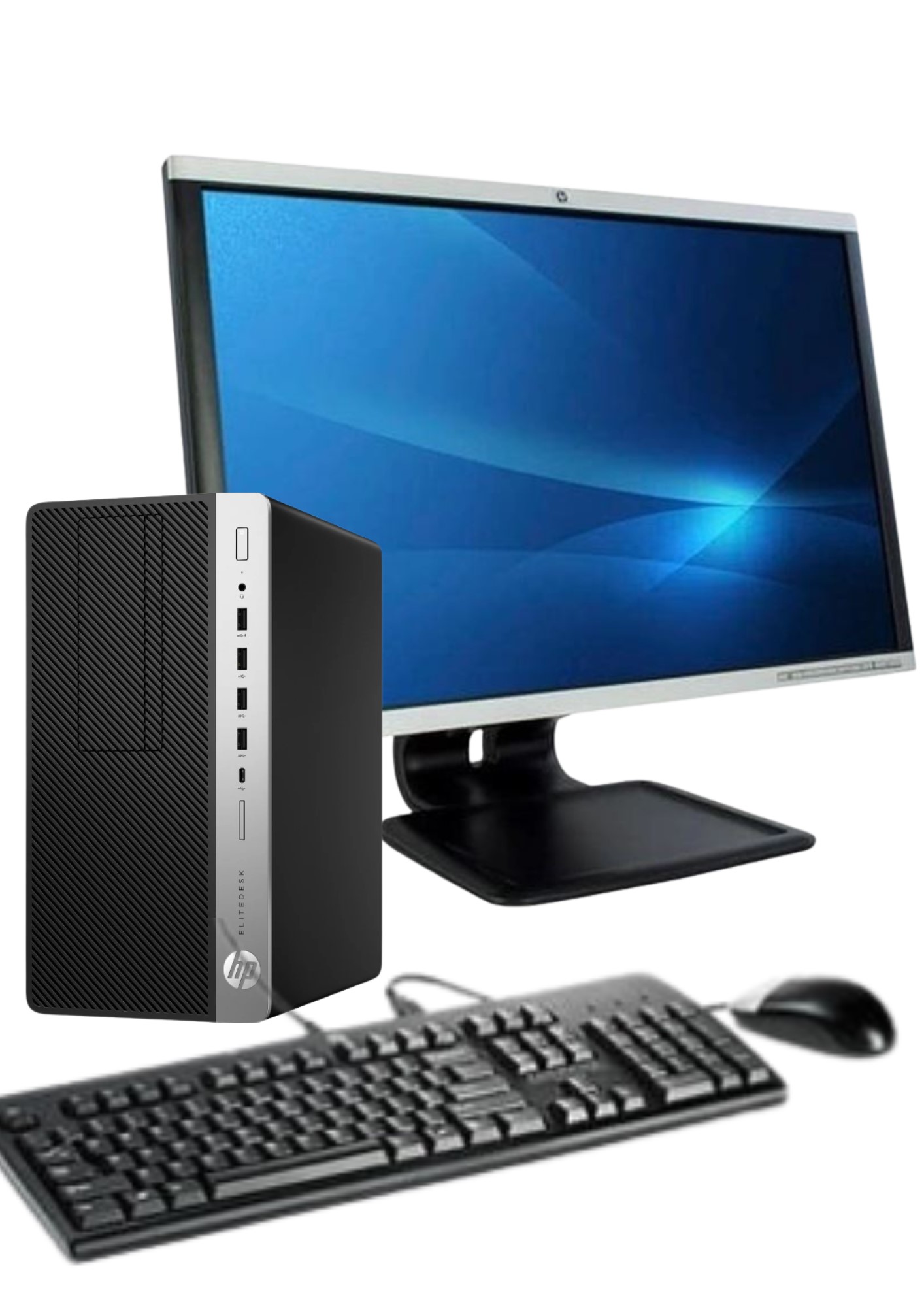 COMPLETE DESKTOP HP Elitedesk 705 G4 SFF AMD Ryzen 5 Pro 2400 16 GB RAM 160HDD with 2 GB Graphics Radeon cards Windows 11 DDR4 with a MOUSE, POWER CABLE, and KEYBORAD + 24 INCH HP MONITOR( LA2405X)