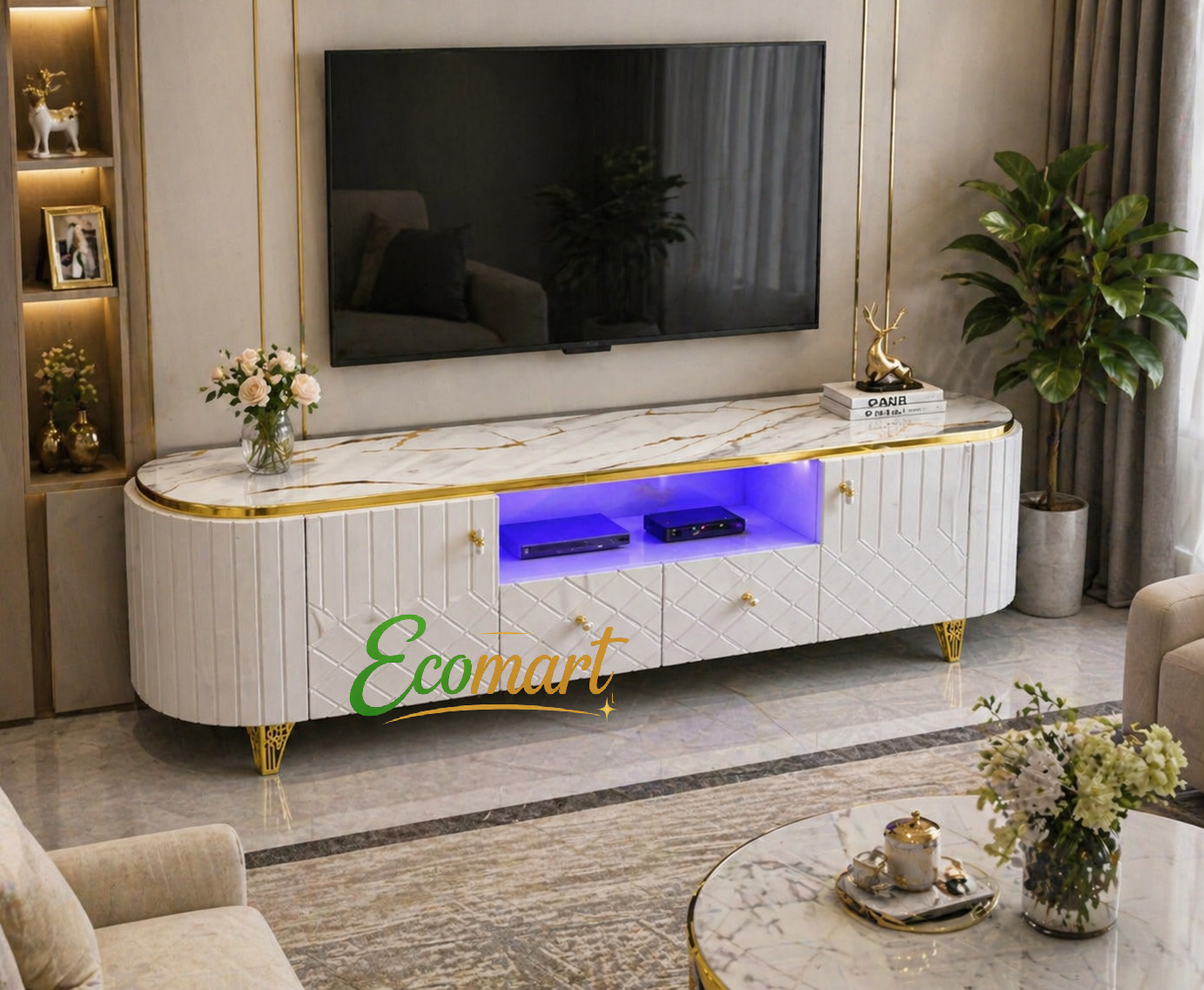 Modern Oval TV Stand  5fts Istanbul Wooden with Marble Top Can Fit upto 55 Inch TV High Quality TV Stands Stylish Classic and Durable