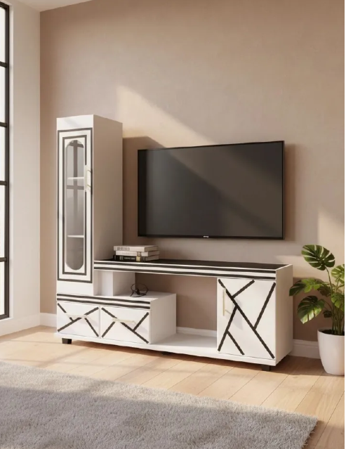 Modern TV Stand 5FTS With Decor Stand Wooden with cabinets for storage