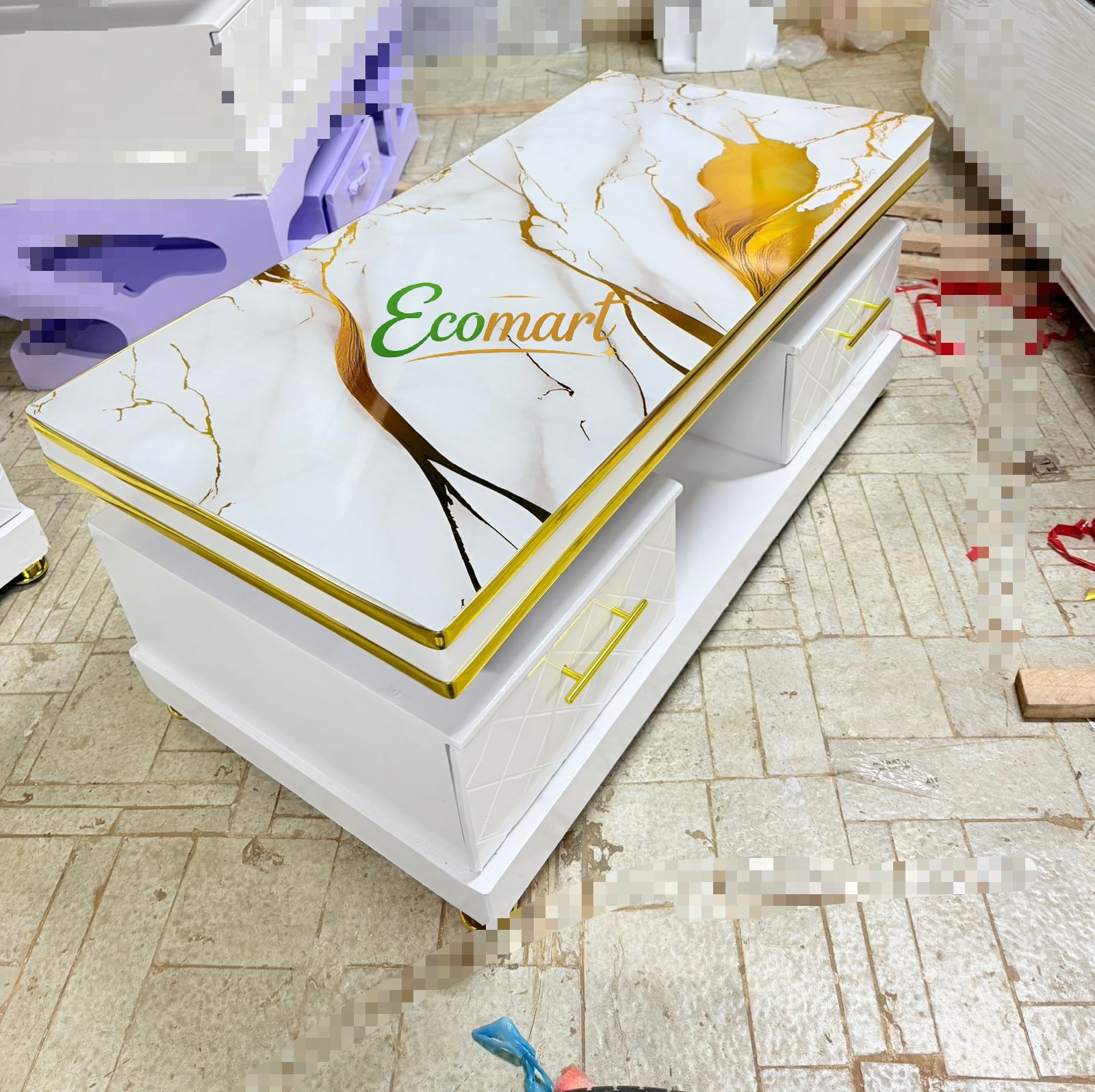 【Flash Sale】 Marble Top Coffee 4ft by 2ft Table Elegant Strong and Classic Finish With Drawers for Living Room