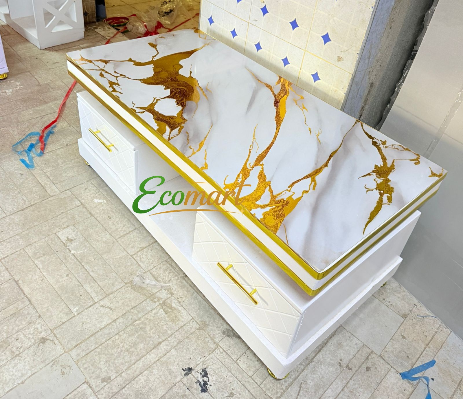 【Super Sale】 Marble Top Coffee 4ft by 2ft Table Elegant Strong and Classic Finish With Drawers for Living Room