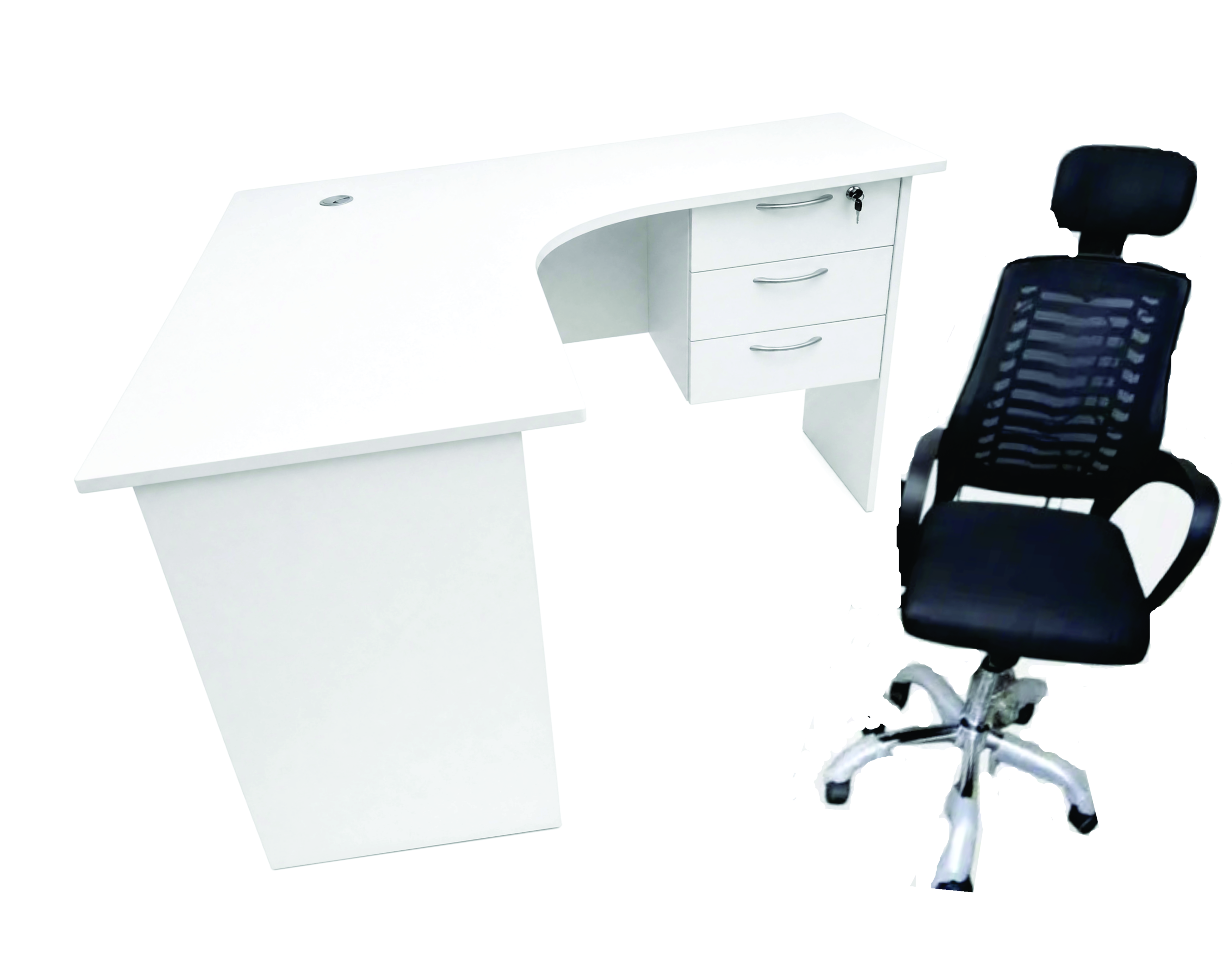 1mtr L shaped white Office Desk 3 Drawers & executive office chair Key Lock Durable Comfortable For Home Office