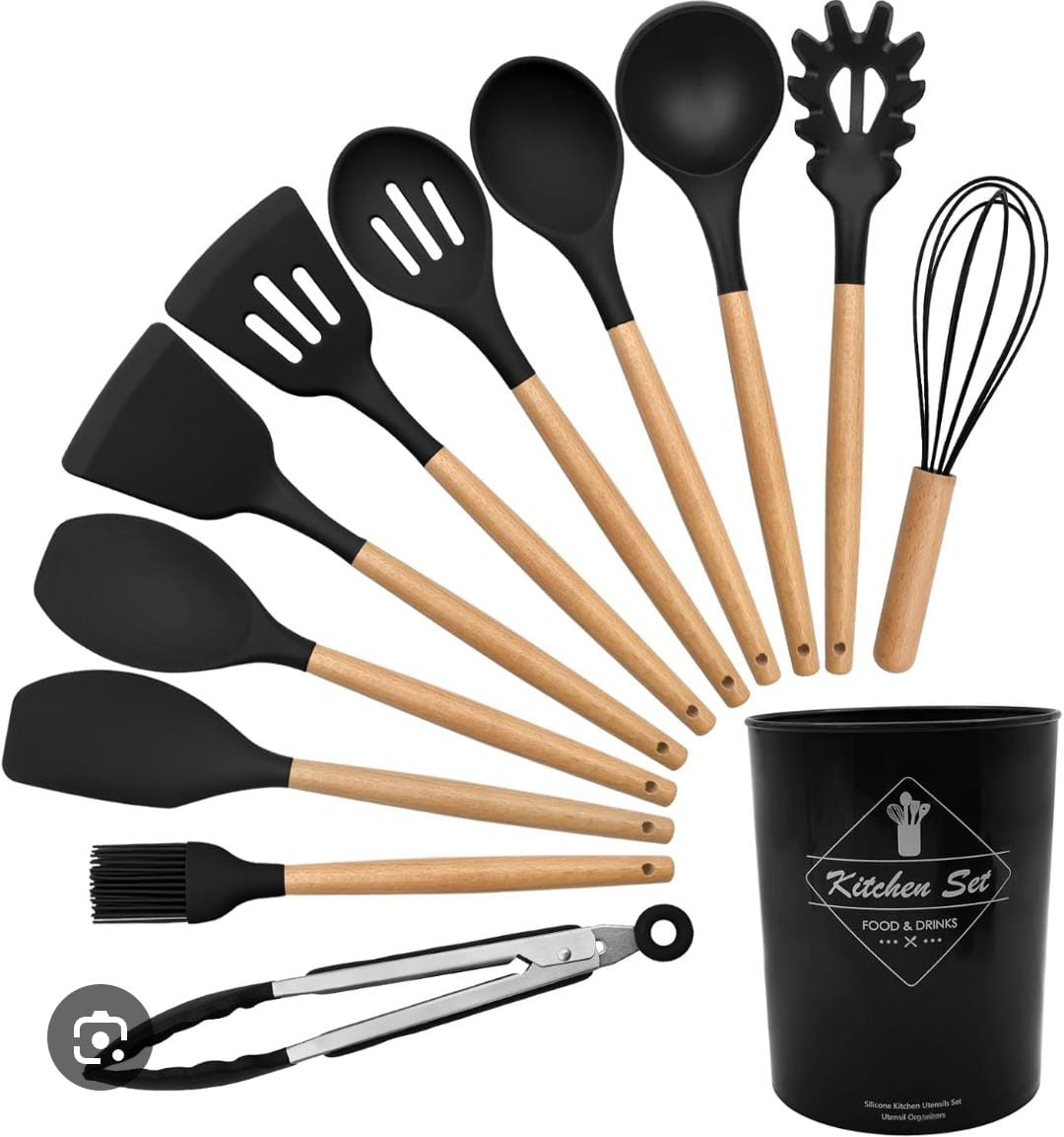 🤑😎ESSENTIAL KITCHEN SET😎🤑12Pcs Silicone Cooking Utensils Set for Nonstick Cookware, 230°C Heat Resistant Kitchen Utensil Set with Wooden Handle, Spatula, Turner, Spoon, Tongs, Whisk