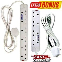 Way Heavy Duty, Power Socket Extension Cable 6 Way With Long Cable Socket + VALUE BONUS Heavy Duty 4 Way Extension