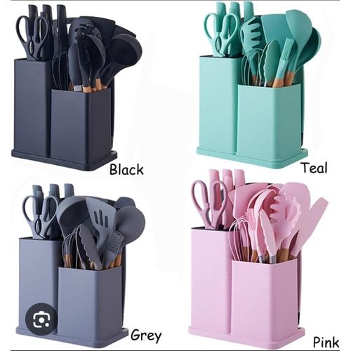 19PCs heat resistant silicone cooking kitchen spoon set with knives and chop board.Features: Easy to Clean, Heat Resistant, Food-Grade Silicone with Wooden Handles

Additional: Coated Stainless Steel