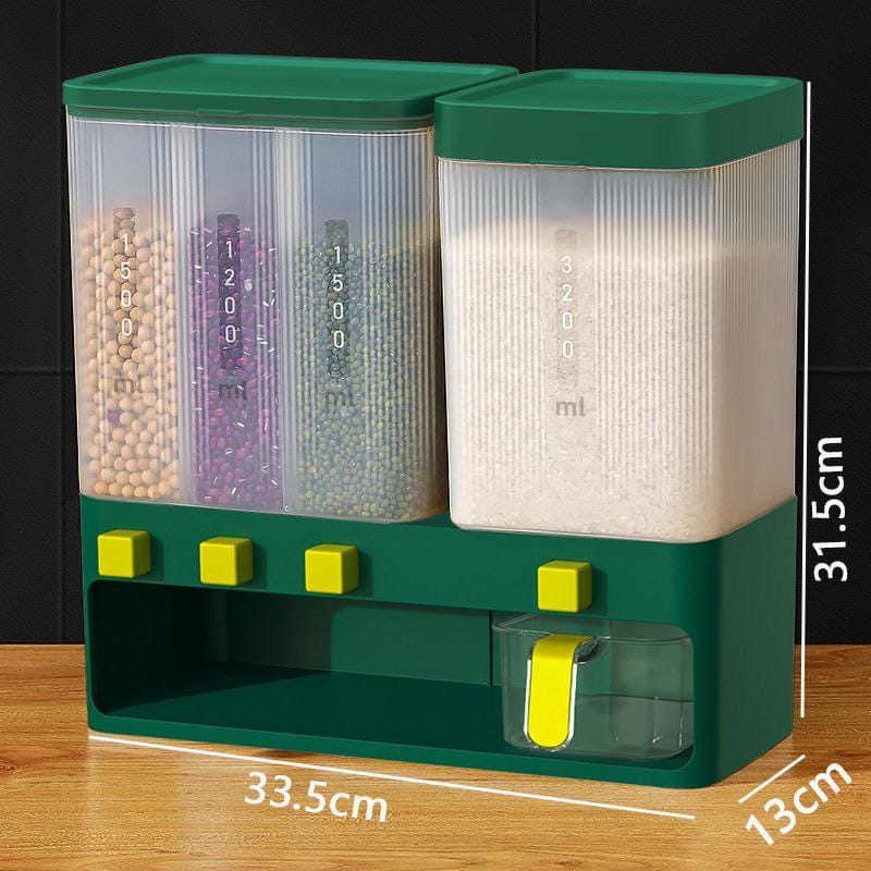 4 Compartment cereals dispenser movable partition, bult in 3 partitions, can be separated according to the size. Can store rice, various grains etc.