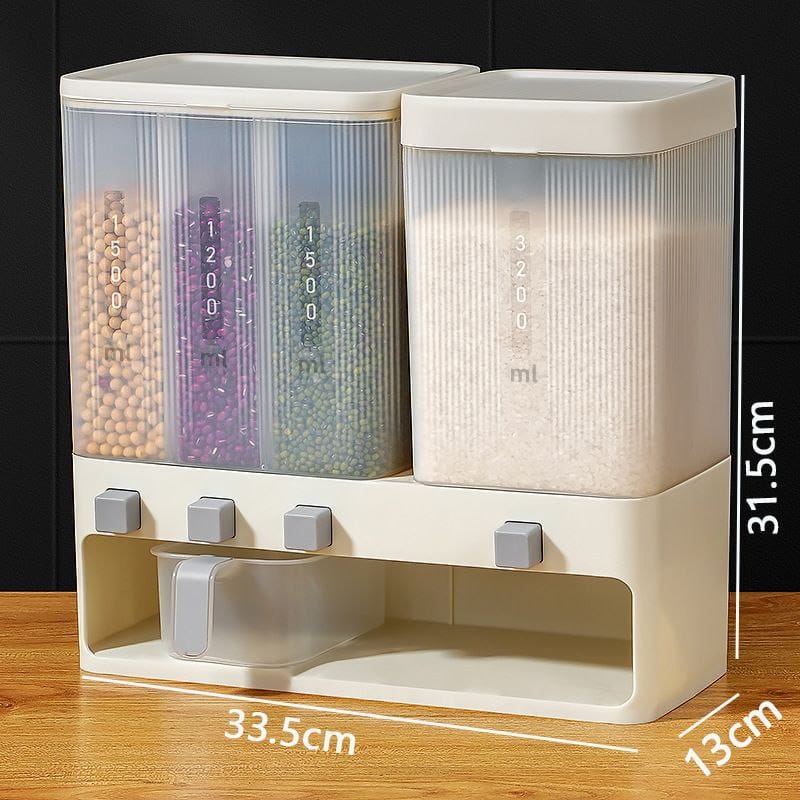 4 Compartment cereals dispenser movable partition, bult in 3 partitions, can be separated according to the size. Can store rice, various grains etc.