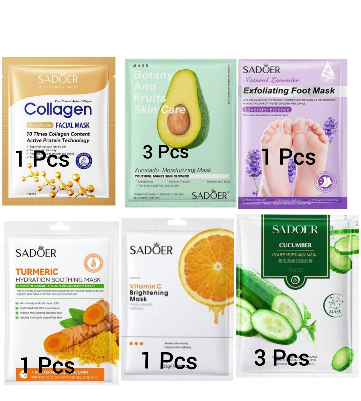 SADOER 10-Piece Face Mask Set 1 Collagen, 1 Vitamin C,1 Turmeric, 3 Avocado, 3 Cucumber 1 Foot mask - Hydrating & Nourishing for All Skin Types