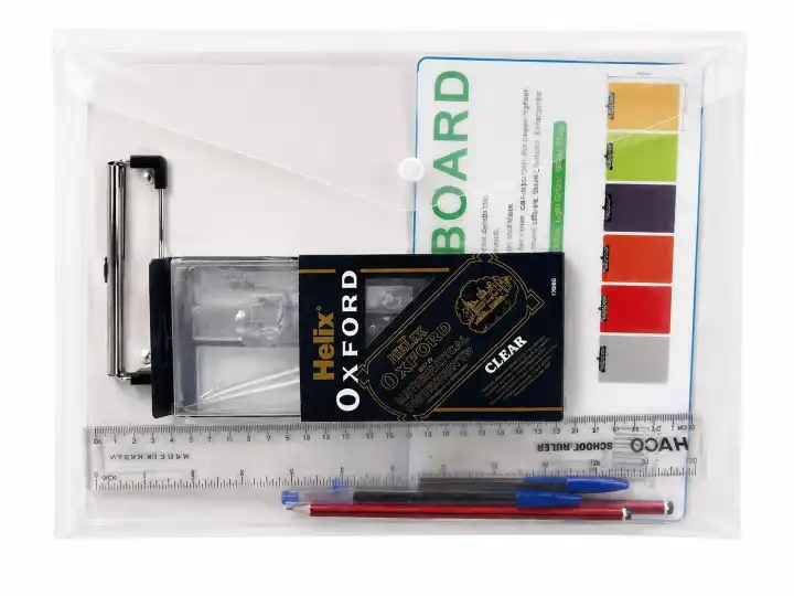 KPSEA Exam package-Comprising of a clear clipboard,a clear oxford mathematical set,2 original HB pencils,2 Bic biro pens,a 30 centimetre ruler and a clear bag.