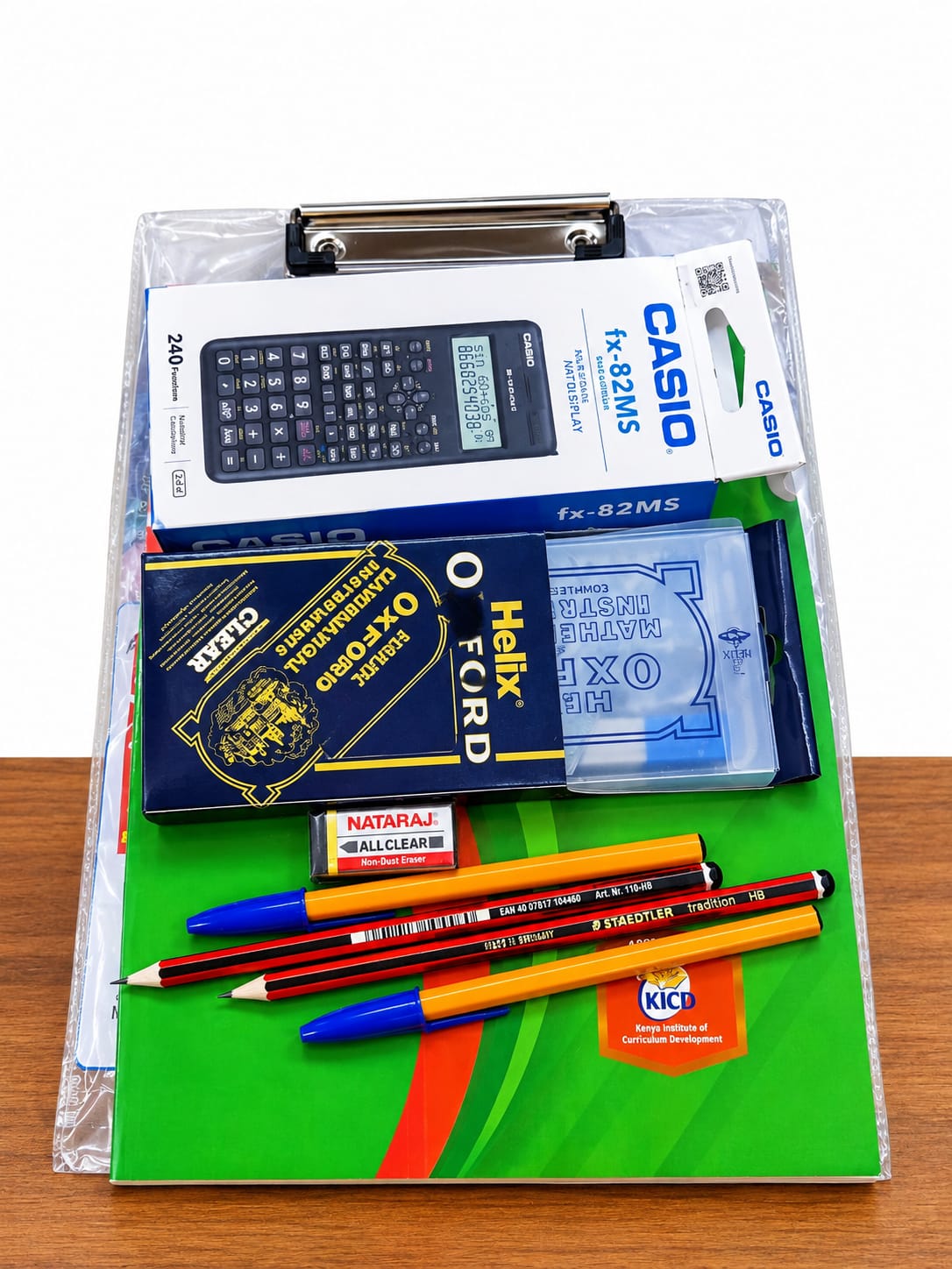 KCPE AND KJSEA EXAM PACKAGE-A complete exam package,it comprises a calculator,a oxford mathematical set,a clear clipboard,2 bic pens,2HB pencils,30cm ruler,a sharpener,eraser and a clear exam bag.