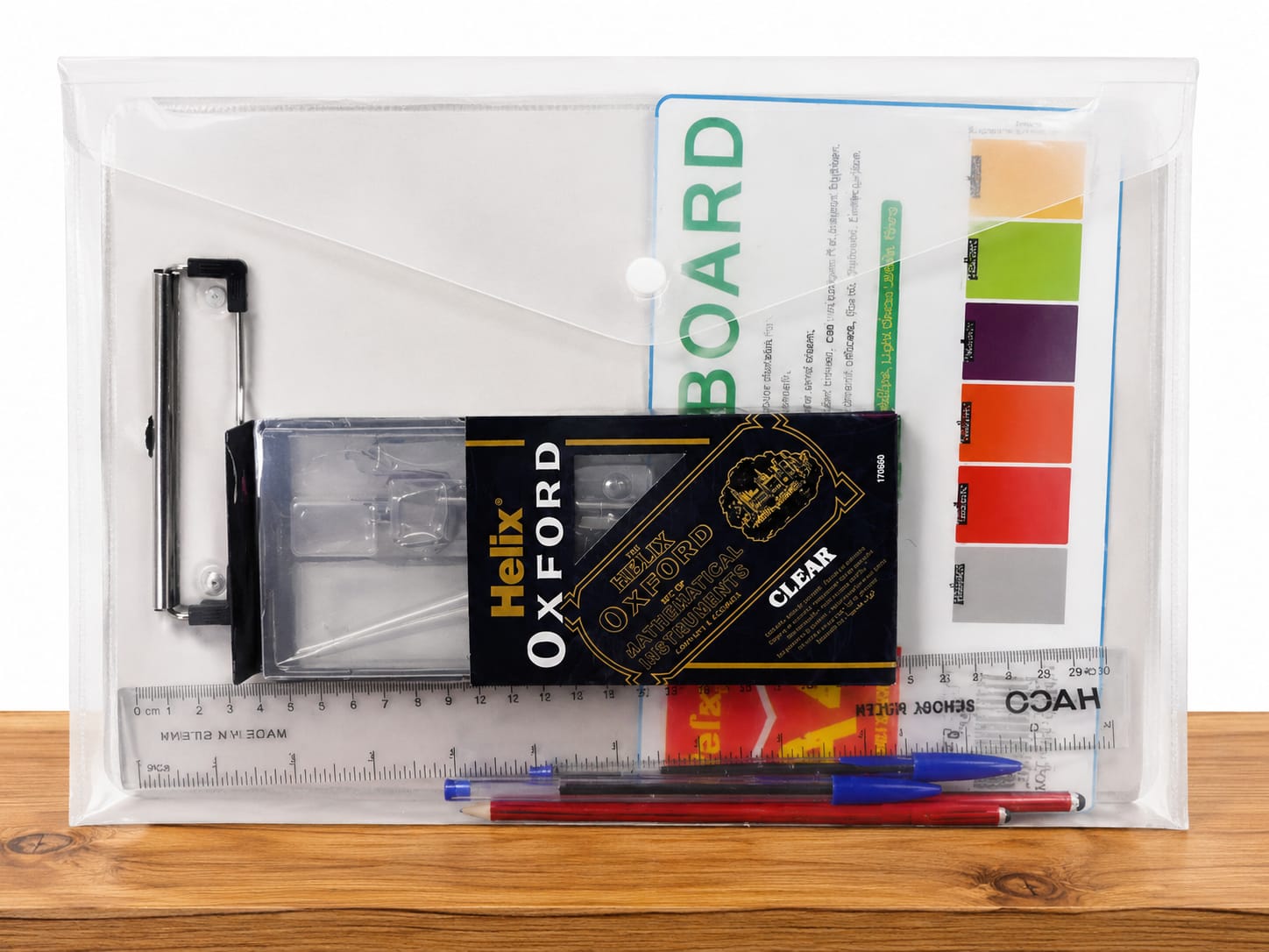 KPSEA Exam package-Comprising of a clear clipboard,a clear oxford mathematical set,2 original HB pencils,2 Bic biro pens,a 30 centimetre ruler and a clear bag.