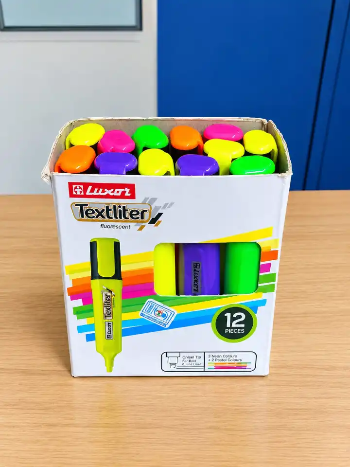 Luxor Textliter Fluorescent Highlighters – 12 Pieces-Make highlighting and studying easier with luxor Highlighters set. This pack contains 12 highlighters in bright fluorescent and pastel colours.