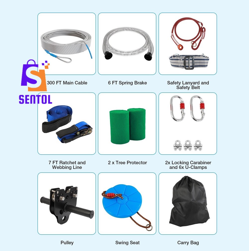 30m 100FT Zip Line for Adults and Kids with Spring Brake and Harness