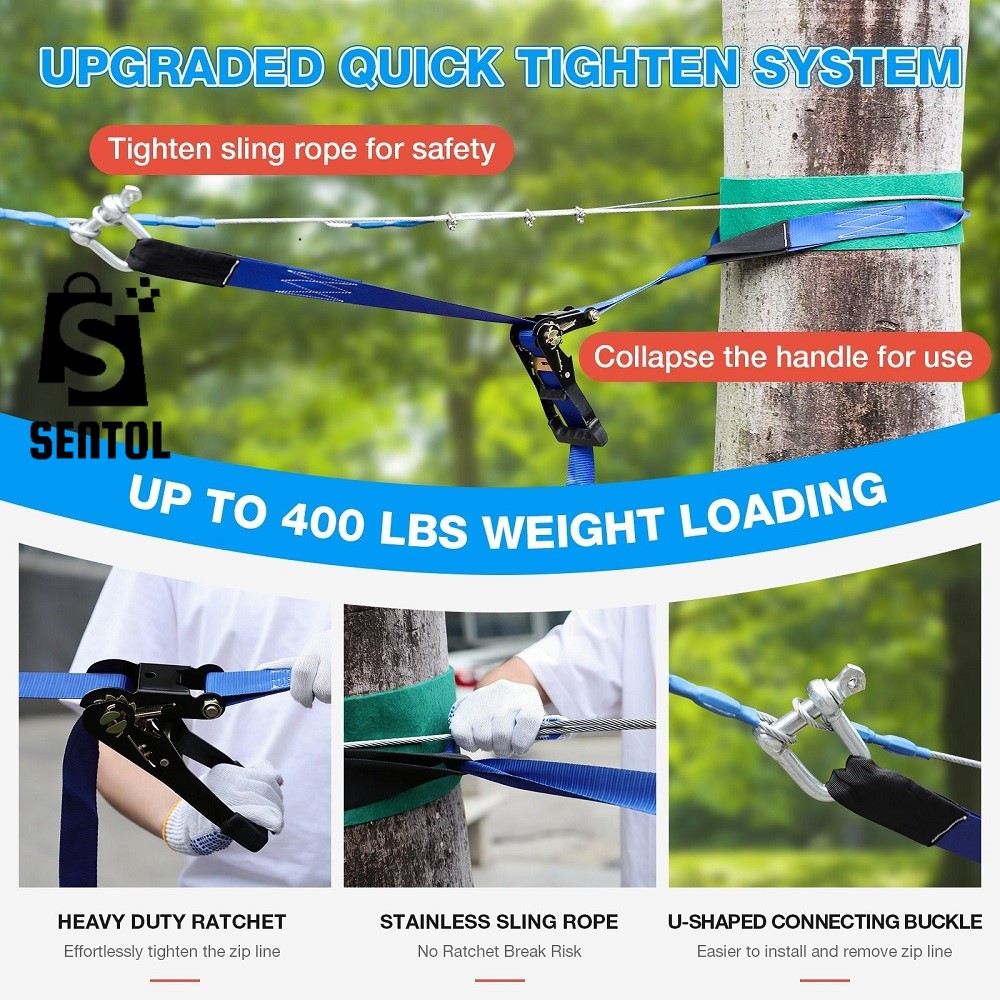 30m 100FT Zip Line for Adults and Kids with Spring Brake and Harness