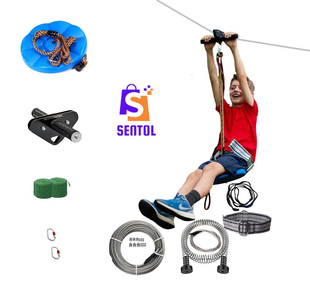 30m 100FT Zip Line for Adults and Kids with Spring Brake and Harness