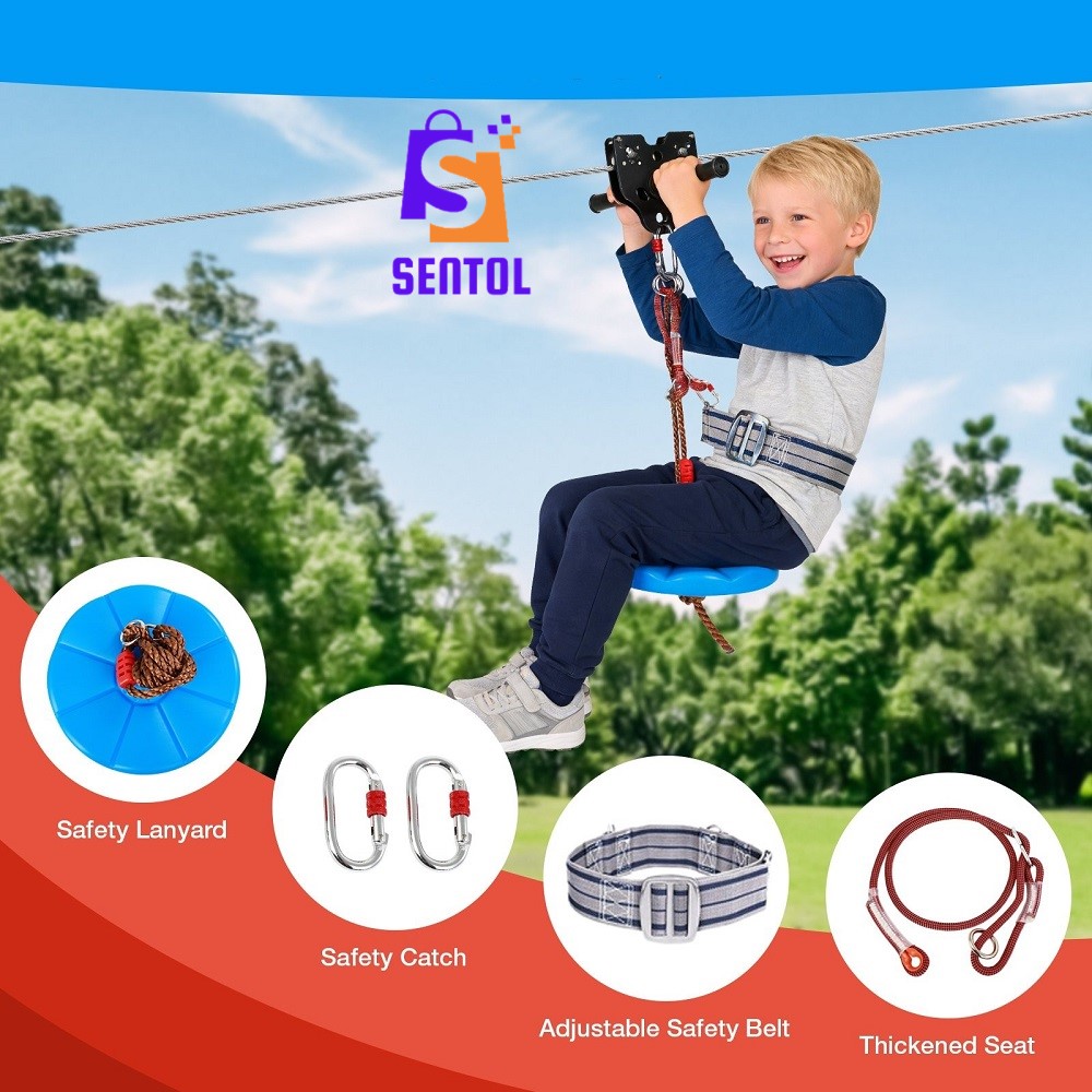 30m 100FT Zip Line for Adults and Kids with Spring Brake and Harness
