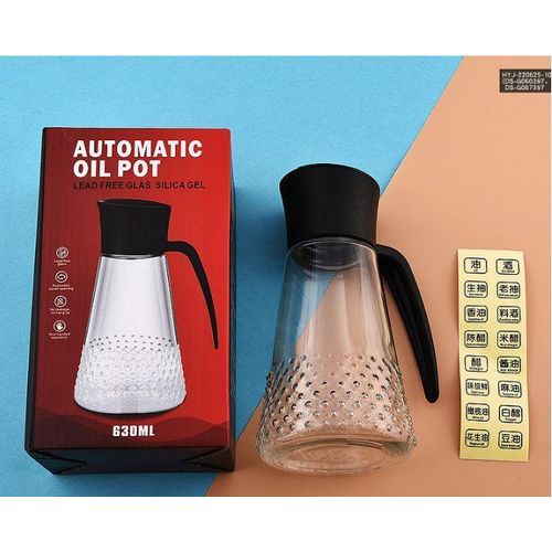 Automatic Oil Pot Glass Dispenser 630ml. Leakproof Kitchen Oil Bottle With Handle And Non Drip Spout For Cooking Vinegar, Soy Sauce, Olive Oil Storage Container, Refillable & Easy Pouring