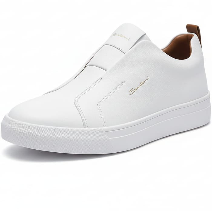 🔥( ON OFFER ) LEATHER Santoni Milano Quality Men's Blue Casual Sneakers, White Casuals No Laces Easy Fit (Best Shop for Sneakers, Official Shoes and Shoe Accessories) Sizes 40-45