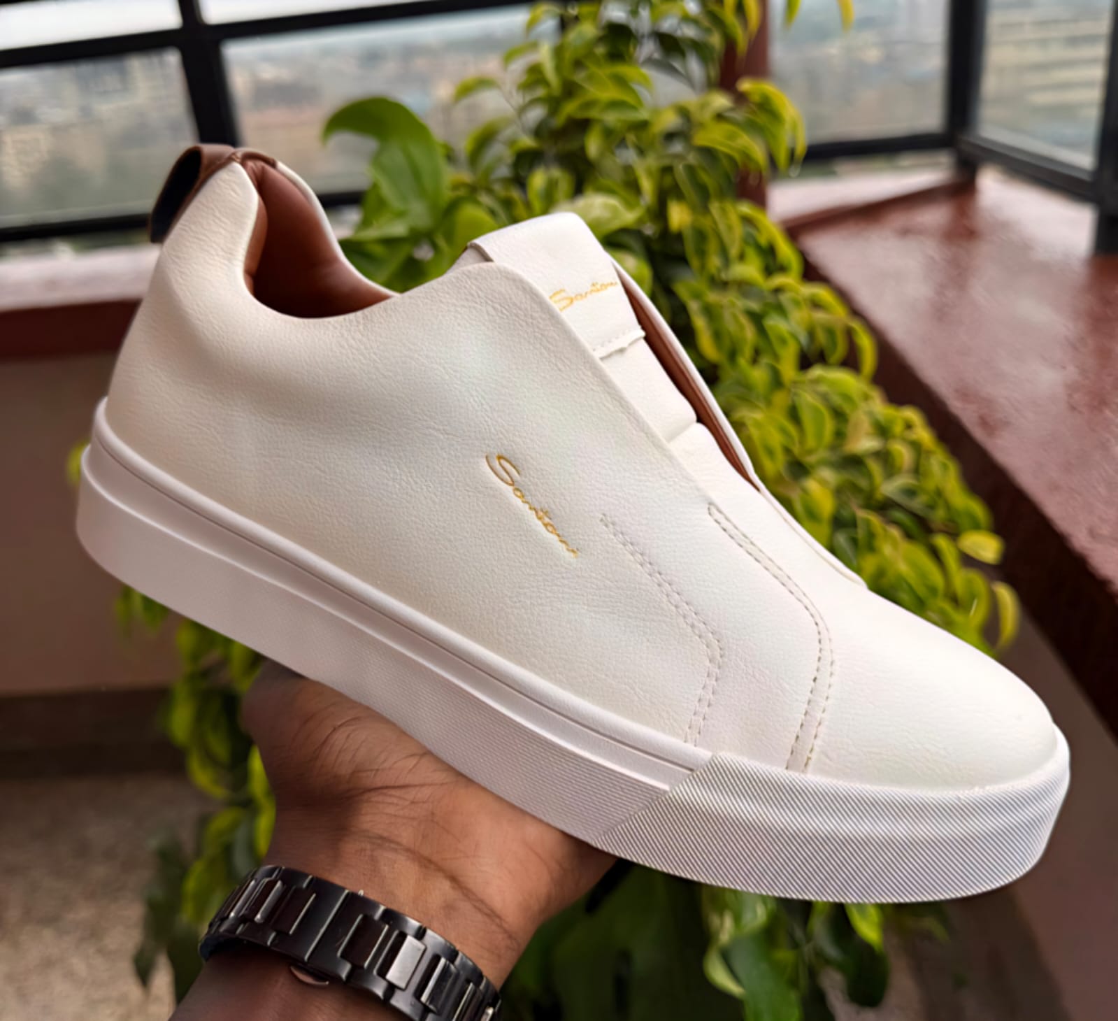 🔥( ON OFFER ) LEATHER Santoni Milano Quality Men's Blue Casual Sneakers, White Casuals No Laces Easy Fit (Best Shop for Sneakers, Official Shoes and Shoe Accessories) Sizes 40-45