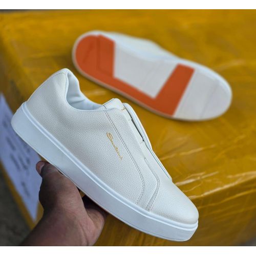 🔥( ON OFFER ) LEATHER Santoni Milano Quality Men's Blue Casual Sneakers, White Casuals No Laces Easy Fit (Best Shop for Sneakers, Official Shoes and Shoe Accessories) Sizes 40-45