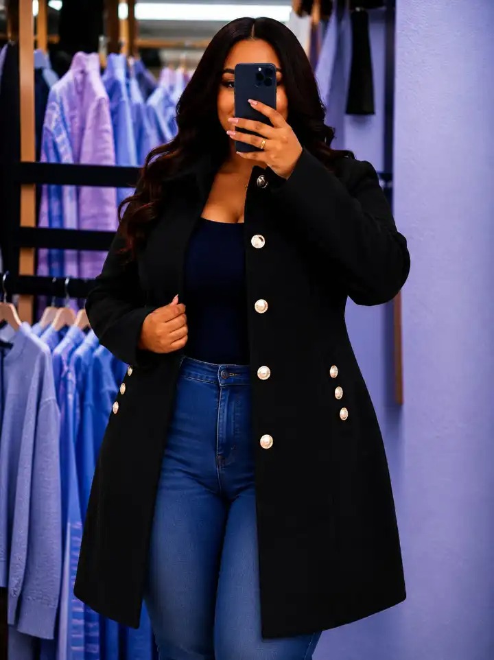 Women Classy Pearl button trench coat with Pockets Warm Varsity Style Coat Comfortable Casual Wear Soft Inner Layer Stylish Winter Jacket Sizes 3XL to 7XL