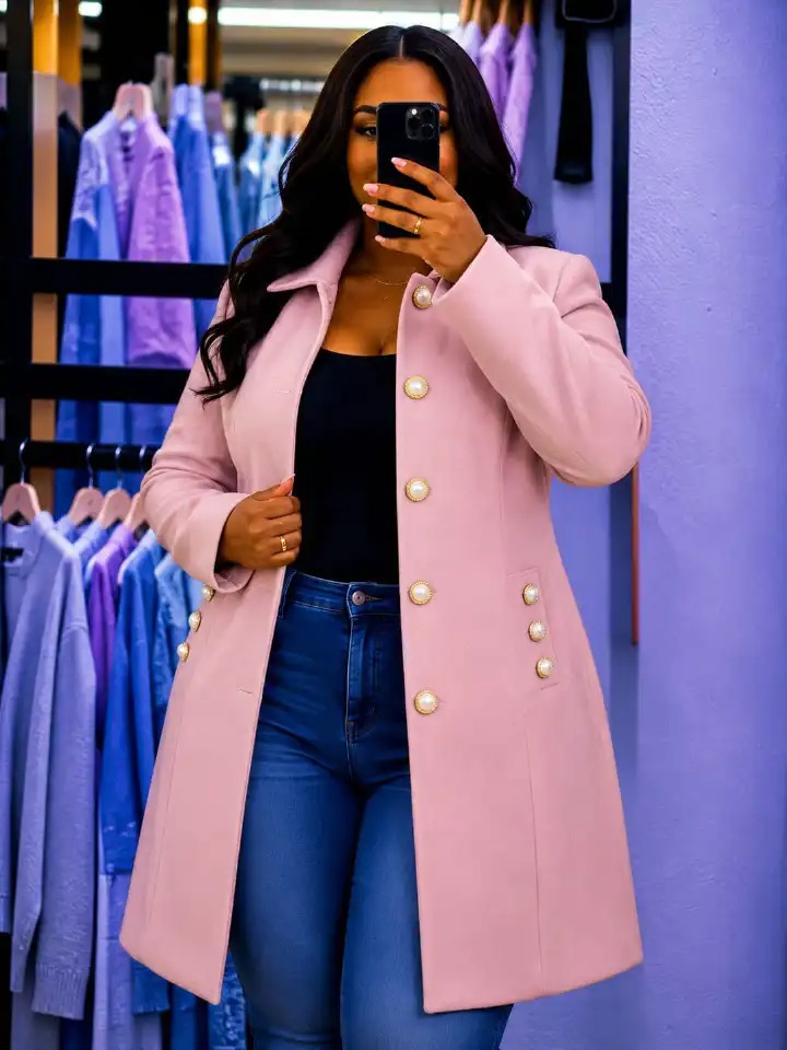 Women Classy Pearl button trench coat with Pockets Warm Varsity Style Coat Comfortable Casual Wear Soft Inner Layer Stylish Winter Jacket Sizes 3XL to 7XL