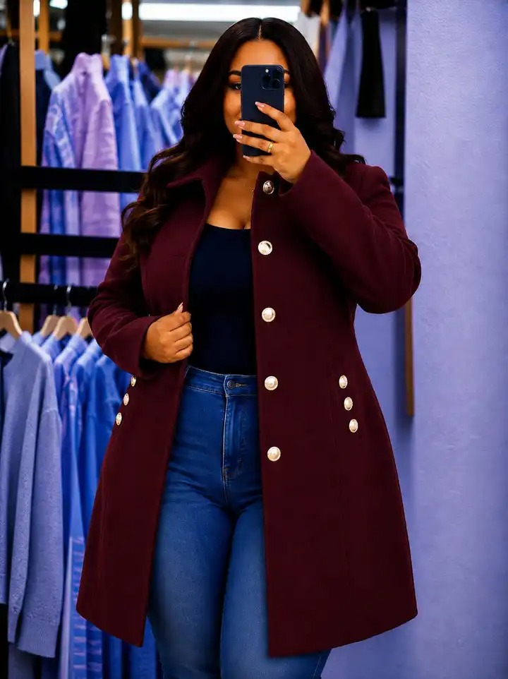 Women Classy Pearl button trench coat with Pockets Warm Varsity Style Coat Comfortable Casual Wear Soft Inner Layer Stylish Winter Jacket Sizes 3XL to 7XL