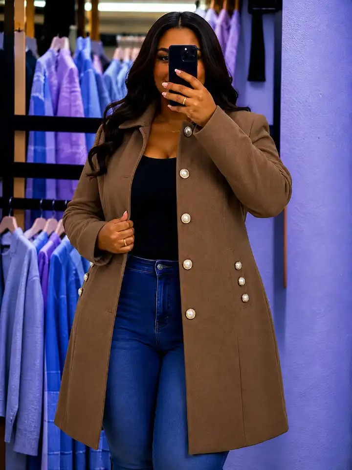 Women Classy Pearl button trench coat with Pockets Warm Varsity Style Coat Comfortable Casual Wear Soft Inner Layer Stylish Winter Jacket Sizes 3XL to 7XL