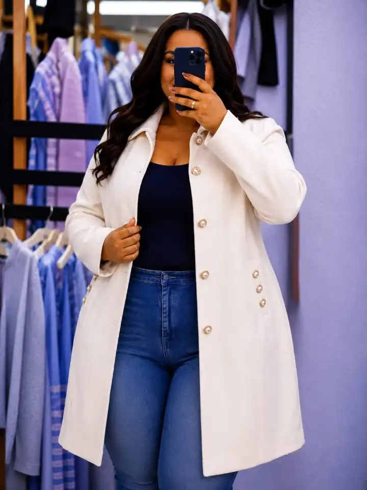 Women Classy Pearl button trench coat with Pockets Warm Varsity Style Coat Comfortable Casual Wear Soft Inner Layer Stylish Winter Jacket Sizes 3XL to 7XL