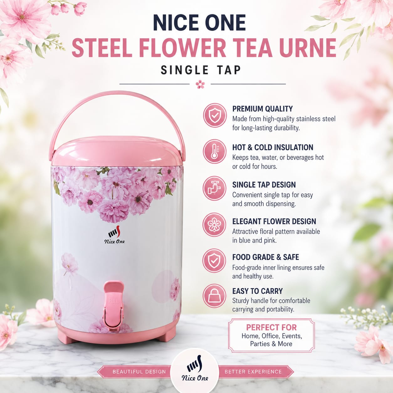 9.5 LITRES NICE ONE FLOWERED COFFEE/ TEA URN - Hygienic stainless steel Stainless steel construction, Concealed heating, Keeps water or tea warm/ hot.