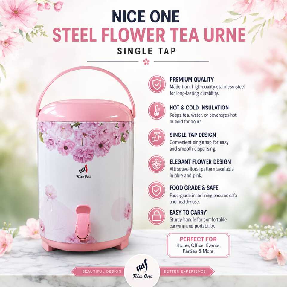 9.5 LITRES NICE ONE FLOWERED COFFEE/ TEA URN - Hygienic stainless steel Stainless steel construction, Concealed heating, Keeps water or tea warm/ hot.