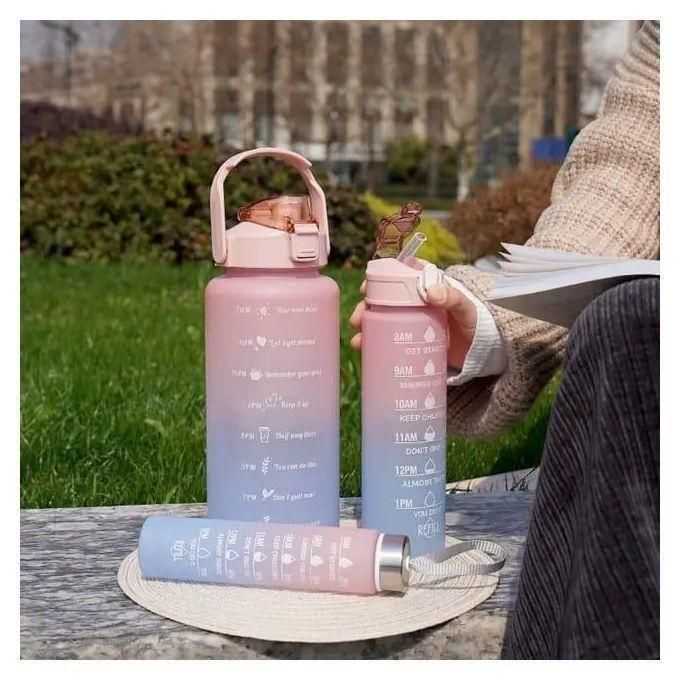 KipFit 3-in-1 Set Water Bottle Motivational Sports Leakproof Bottle (Black).3 piece set of super capacity, press the spring cover and open the cover with one button, convenient and fast.