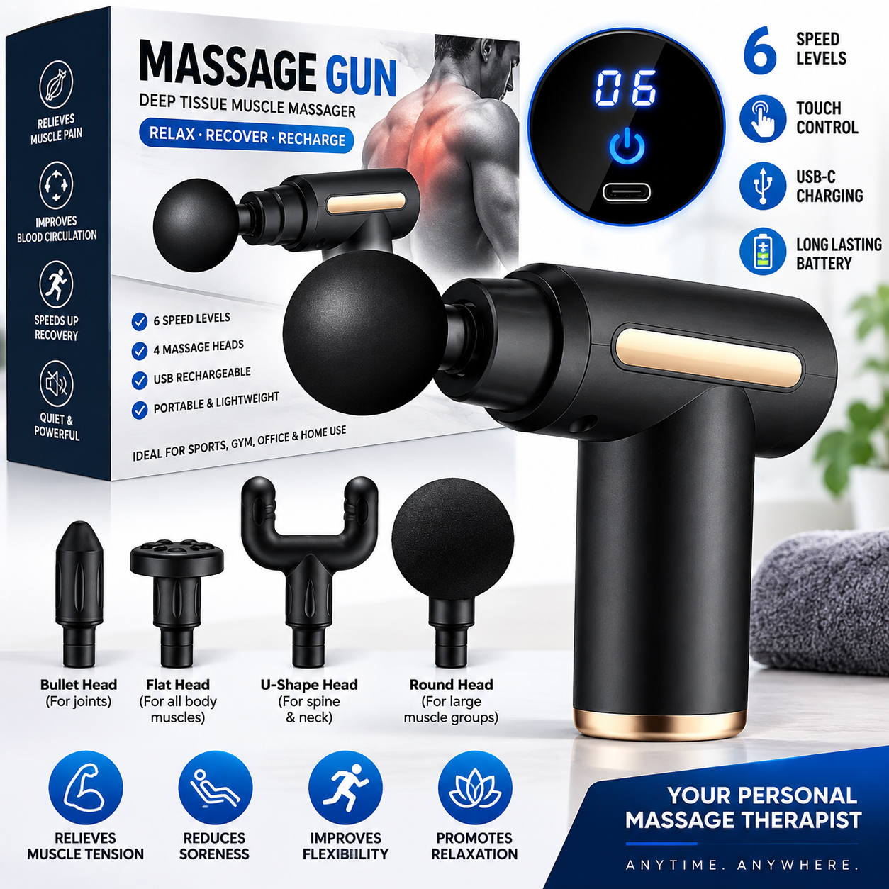 Charge Boost Deep Tissue Massage Gun - 5 Attachments, 30 Speeds, Portable, Multicolour, 0.55 kg