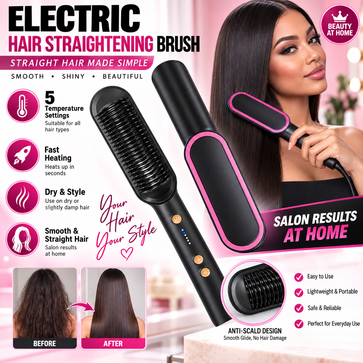2 In 1 Electric Splint Hair Straightener 2026 Hot Comb Brush Hair Styling Straight Curling Dual-Use Bangs Curling Rod