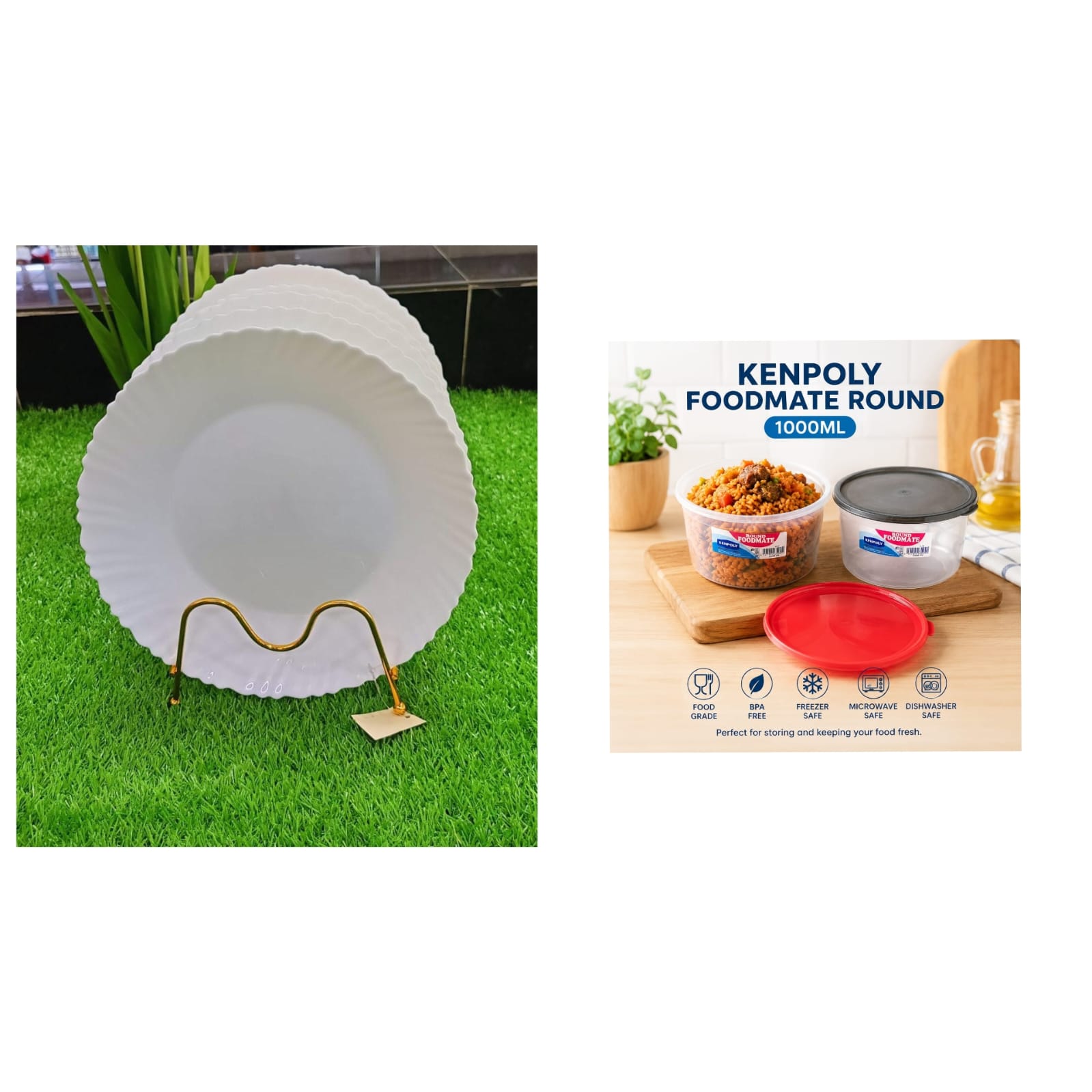 6PCS WHITE PLATES + 2PCS KENPOLY ROUND FOOD CONTAINERS 

Upgrade your kitchen and dining experience with this practical and stylish combo set designed for everyday convenience and elegance.

🍽️
