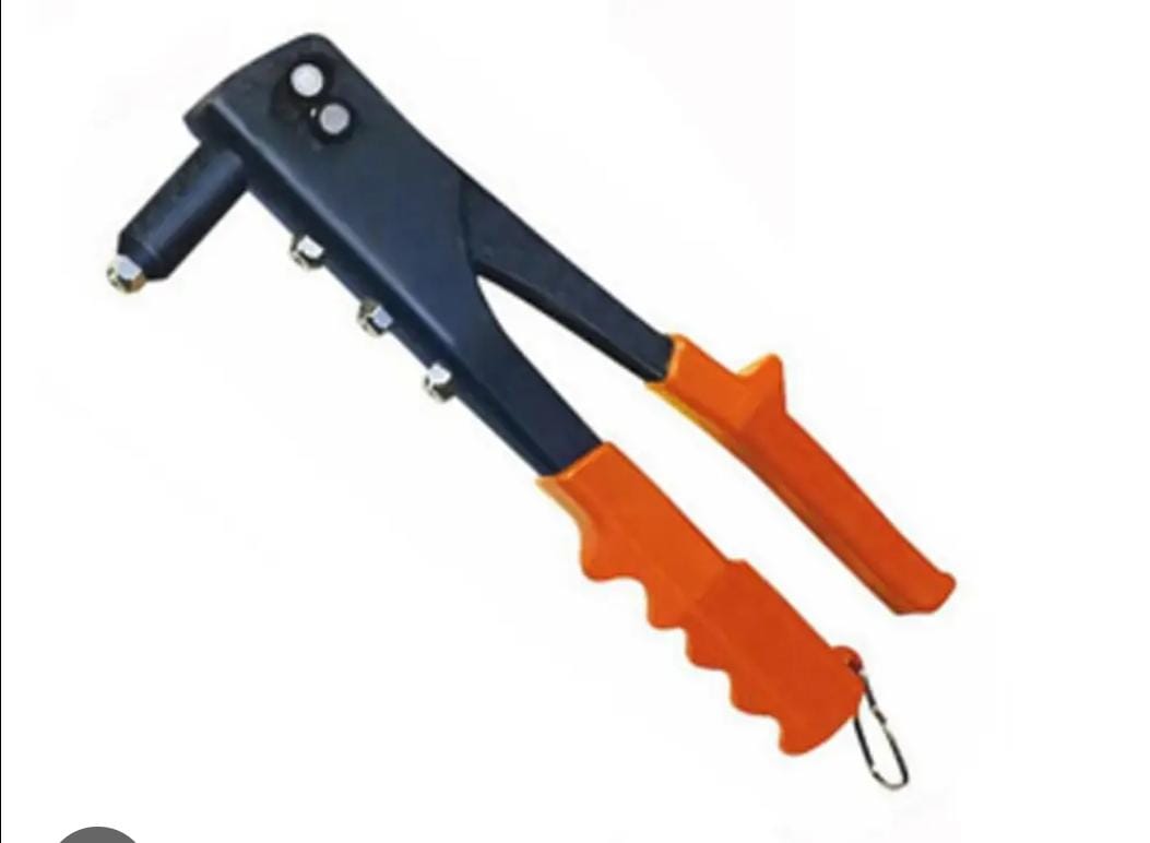 10" hand riveter features four interchangeable heads for versatility with different rivet sizes.The tool is constructed from durable metal with a black finish, suitable for plastic, wood, and metal ap