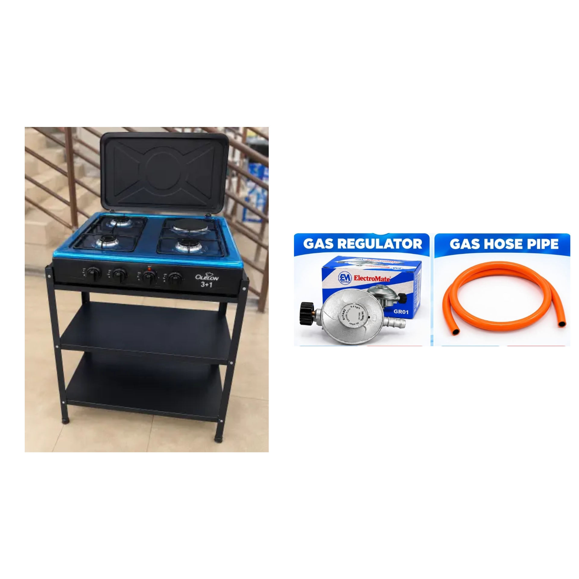 Olelon 3+1 Standing Cooker with Shelves + Free1.5m Gas PipeUpgrade your kitchen with the Olelon 3+1 Standing Cooker, designed for convenient and efficient everyday cooking. It features three gas burn