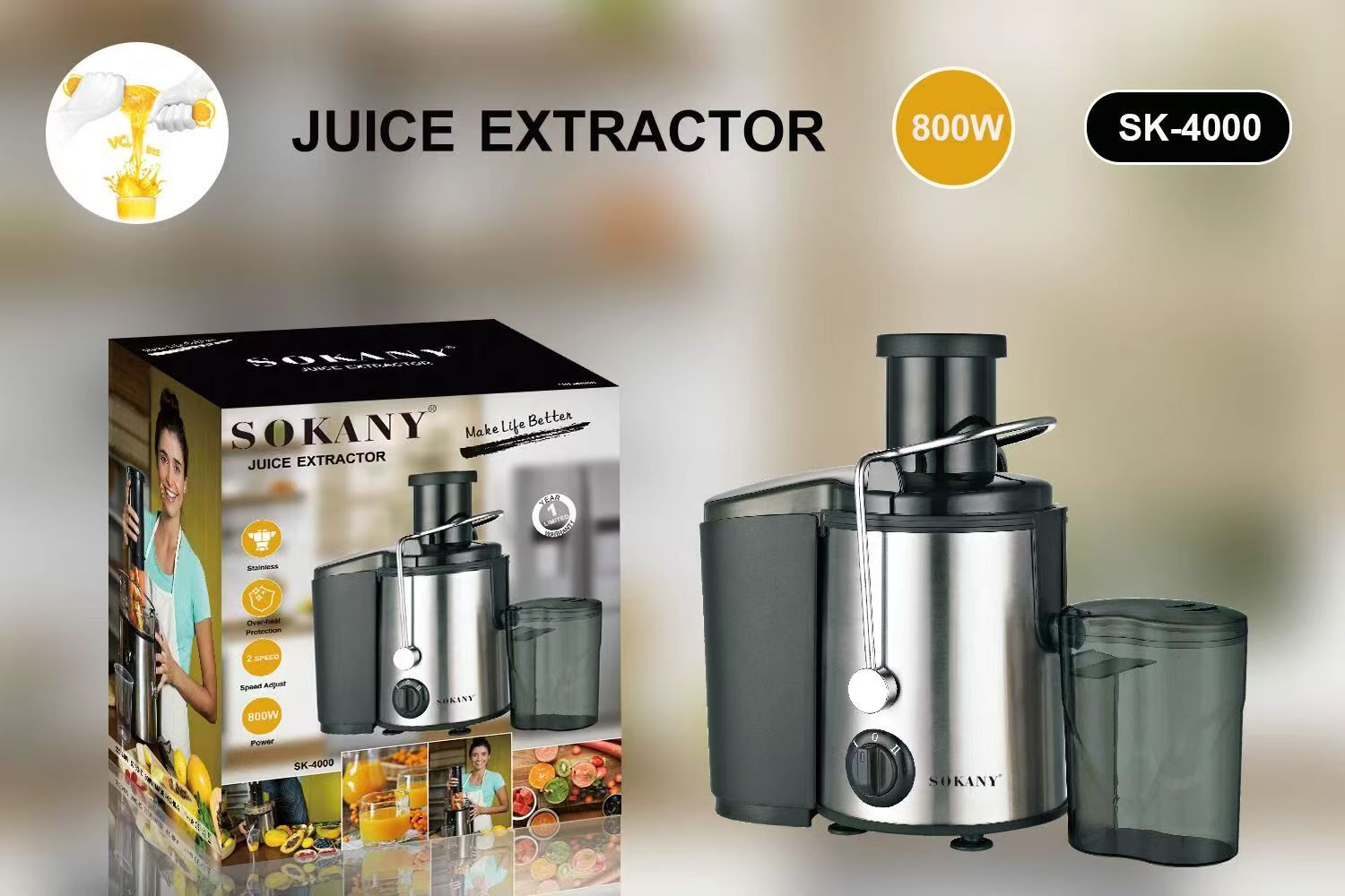 💪Sokany SK-4000 Heavy Commercial Slow Juicer Juice Extractor, Juicer 800 W for Fruit and Vegetables Stainless Steel, Large 65 mm Filling Opening, 450 ml Juice Container and 2 Speed Levels, Black💪