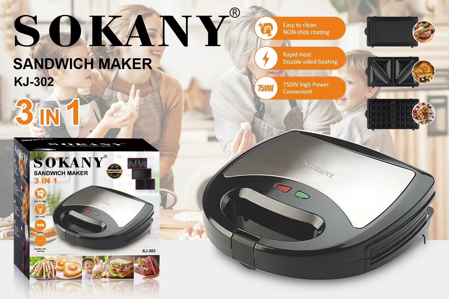 🥪SALE ! SALE !🥪 Sokany Sokany 3-in-1 Black Sandwich Maker, Waffle Maker & Grill - Non-Stick Plates, 30x25x15cm 🥪