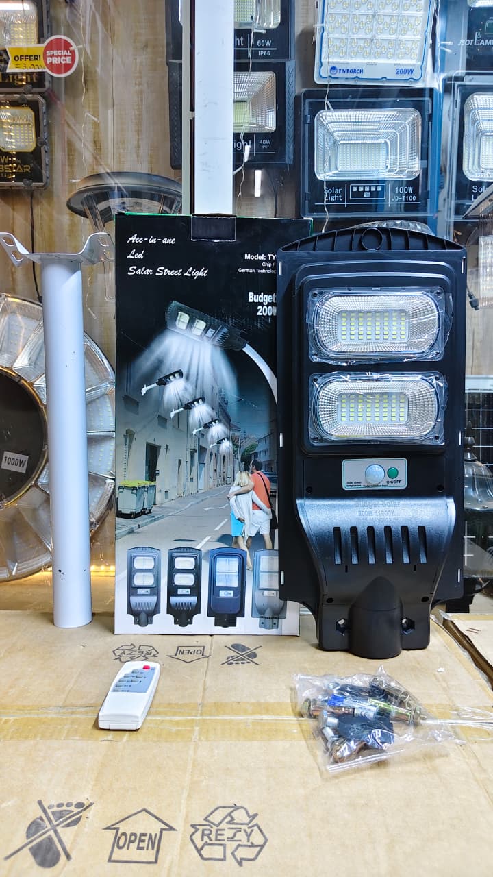 Solar Street Lights — available in 100W, 200W, 300W, and 400W options to suit every lighting need.
Designed for maximum brightness and efficiency, these solar street lights are ideal for compounds, dr