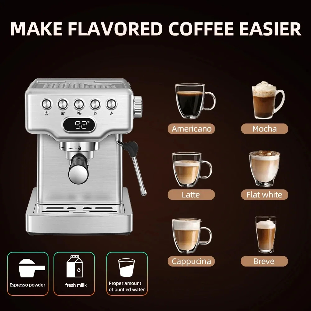 Professional Stainless Steel Espresso Coffee Machine,1350w, 20 Bar Pump Semi-Automatic Espresso Machine