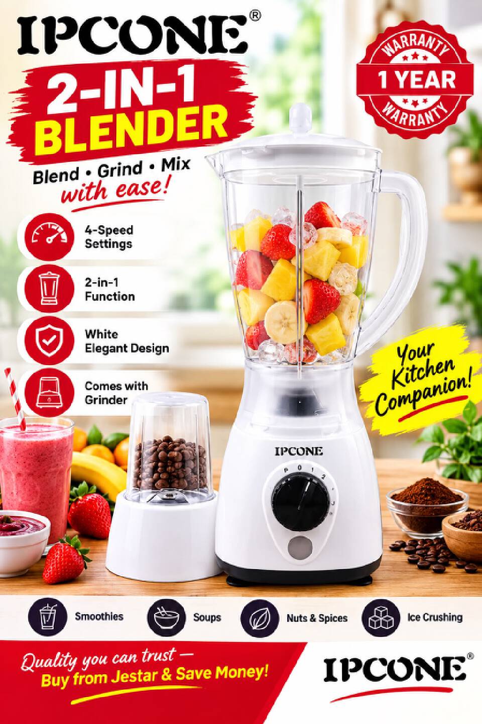💫 IPCONE 2 in1 Blender With Strong Grinding Machine; For nuts, smoothies, ice crushing, spices and soups💫