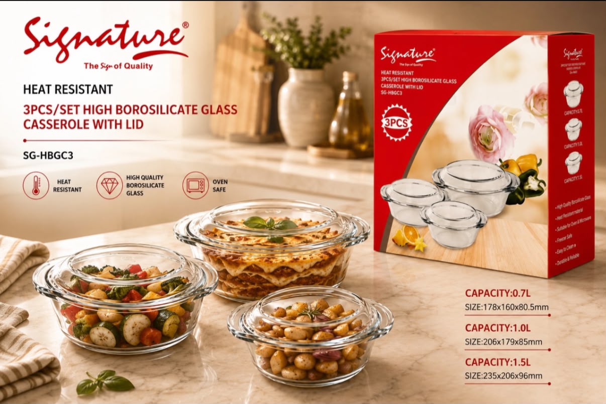 CLEARANCE OFFER Signature Set of 3 Glass Casserole Dishes – Heat-Resistant Bakeware with Lids.