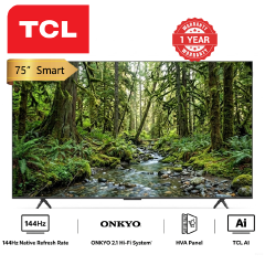 TCL 75 Inch 75P8L QD Mini LED Smart TV Full Array Local Dimming Zones 144Hz Native Refresh Rate QLED HVA Panel TCL Ai ONKYO 2.1 Hi Fi System Slim Unibody Google TV Voice Control